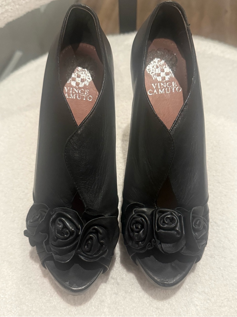 Vince Camuto Black Leather Peep-Toe Heels with Rose Appliqués
